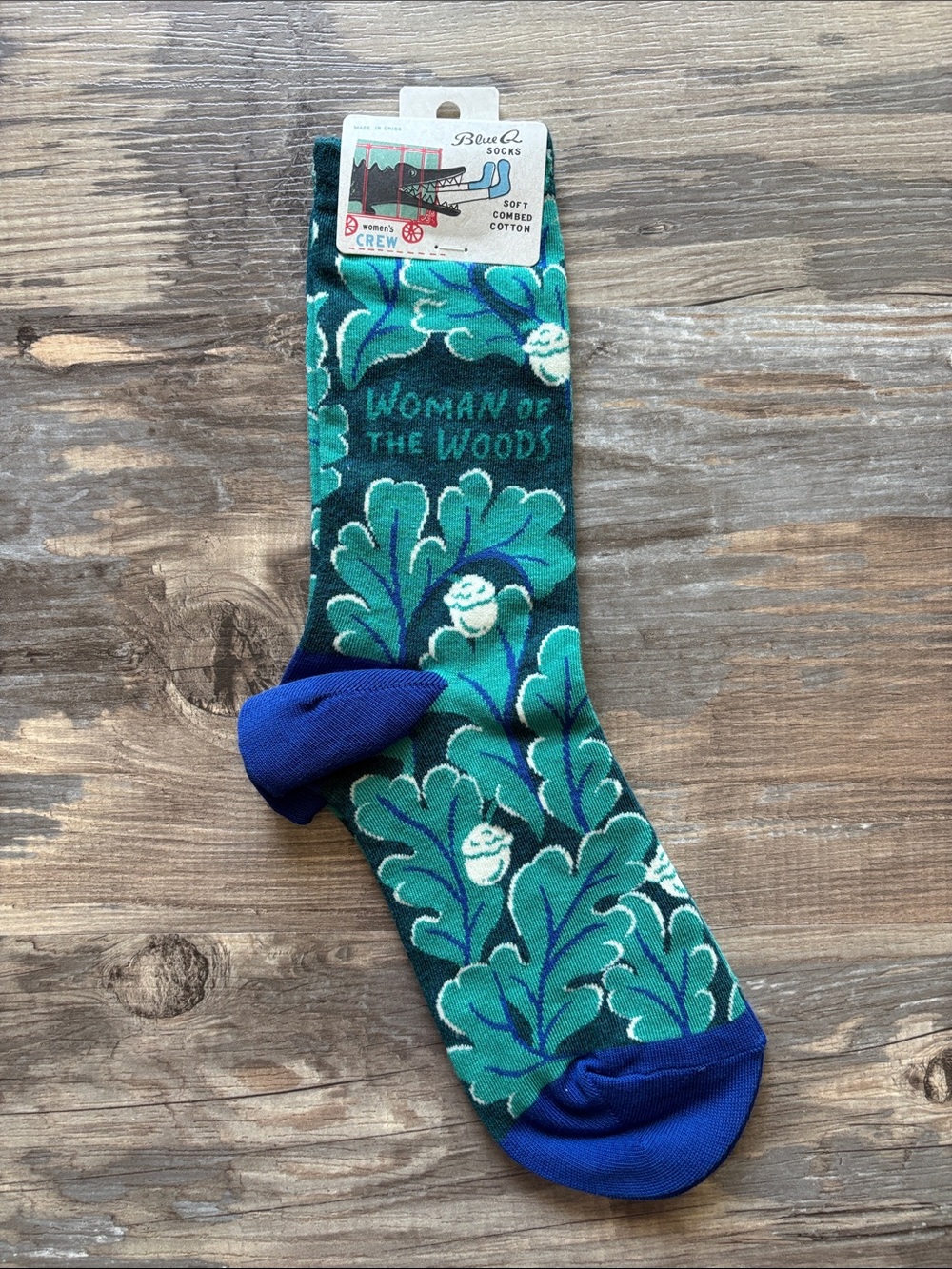 Blue Q Green and Teal Leaf Crew Socks with Blue Toe
